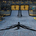 Futuristic Sci-Fi Facility Interior With Metallic Geometric Floor And Large Yellow Doors