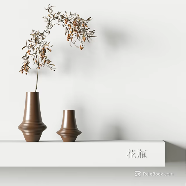 Brown Ceramic Vases With Dried Branches On White Shelf Against White Wall 3d model