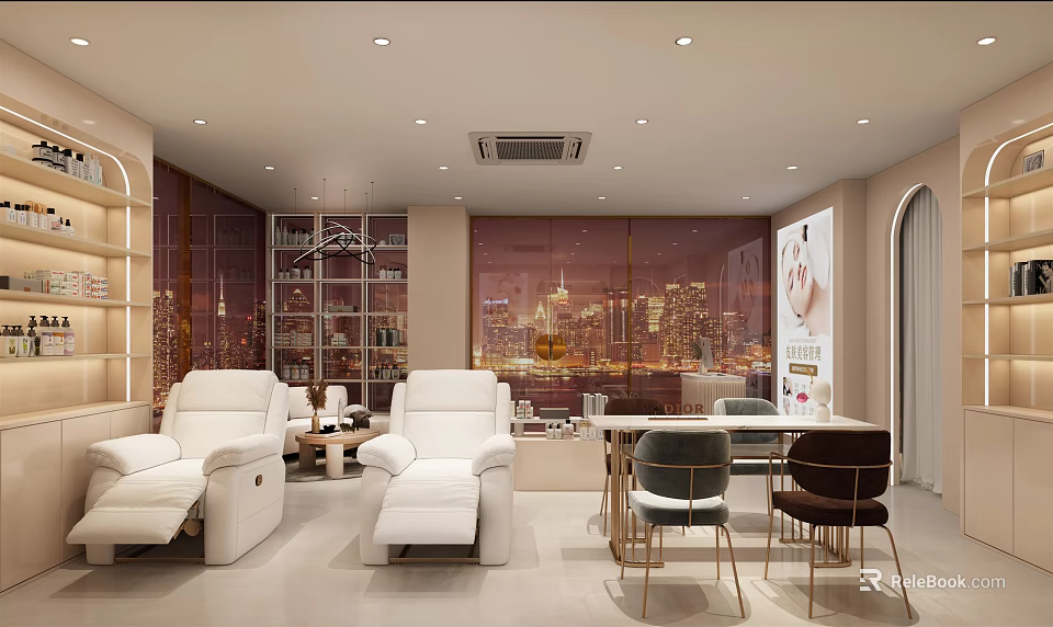 Beauty Salon Interior With White Massage Chairs Glass Windows City Night View And Modern Shelves 3d model 