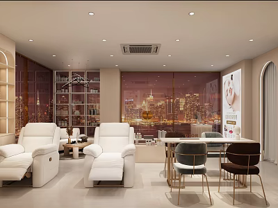 Beauty Salon Interior With White Massage Chairs Glass Windows City Night View And Modern Shelves 3d model
