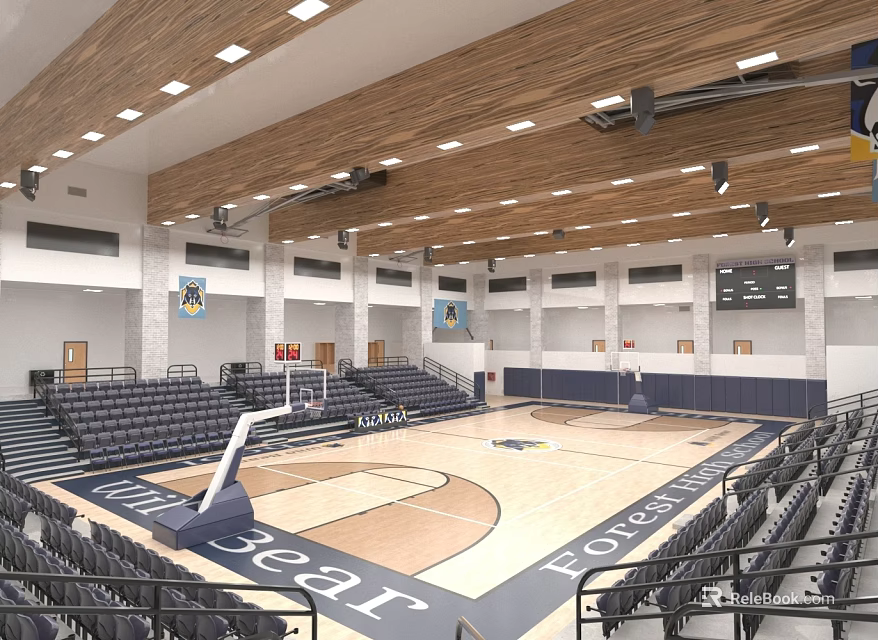 Indoor Basketball Gymnasium Interior With Court Seating And Ceiling Lights 3d model 