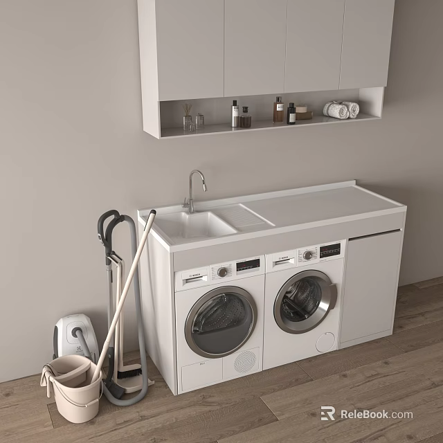 Modern Bathroom Vanity Cabinet With Sink Counter Storage Shelf And Washer Dryer 3d model 