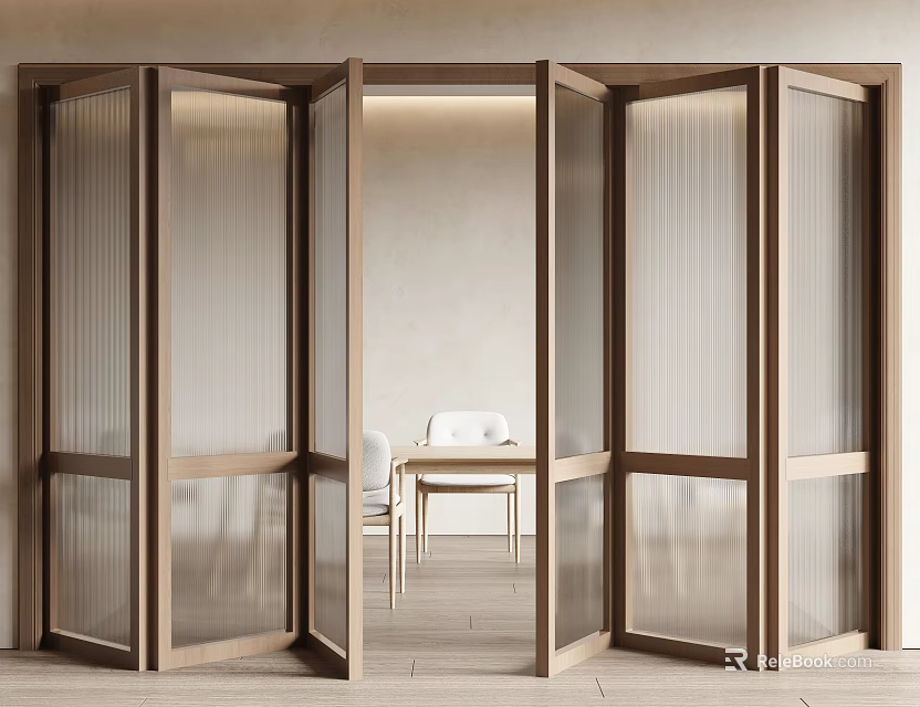 Open Folding Doors With Wooden Frame And Textured Glass For Modern Interior Partition 3d model 