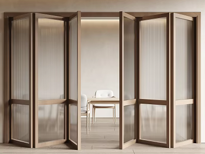 Open Folding Doors With Wooden Frame And Textured Glass For Modern Interior Partition 3d model