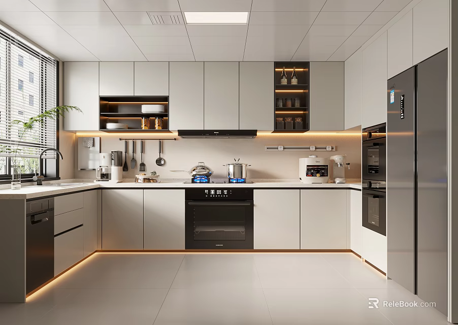 Modern Kitchen Interior With Open Design Cabinets Built-in Appliances And Ambient Lighting 3d model 