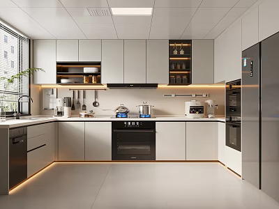 Modern Kitchen Interior With Open Design Cabinets Built-in Appliances And Ambient Lighting 3d model