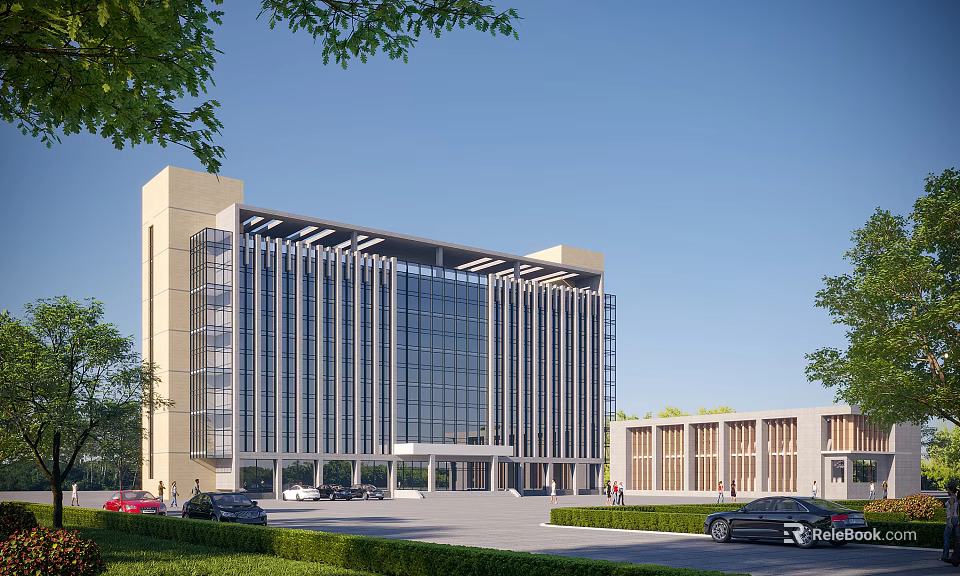 Modern Office Building Exterior With Glass Curtain Wall And Landscaped Parking Area 3d model 