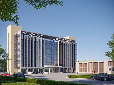 Modern Office Building Exterior With Glass Curtain Wall And Landscaped Parking Area 3d model
