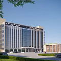 Modern Office Building Exterior With Glass Curtain Wall And Landscaped Parking Area