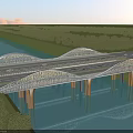 Modern Wavy Bridge Design Spanning River With Piers Water Reflection And Moving Vehicles
