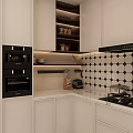 Sleek Modern Kitchen Interior With White Cabinets Black And White Tile Backsplash Oven And Countertop