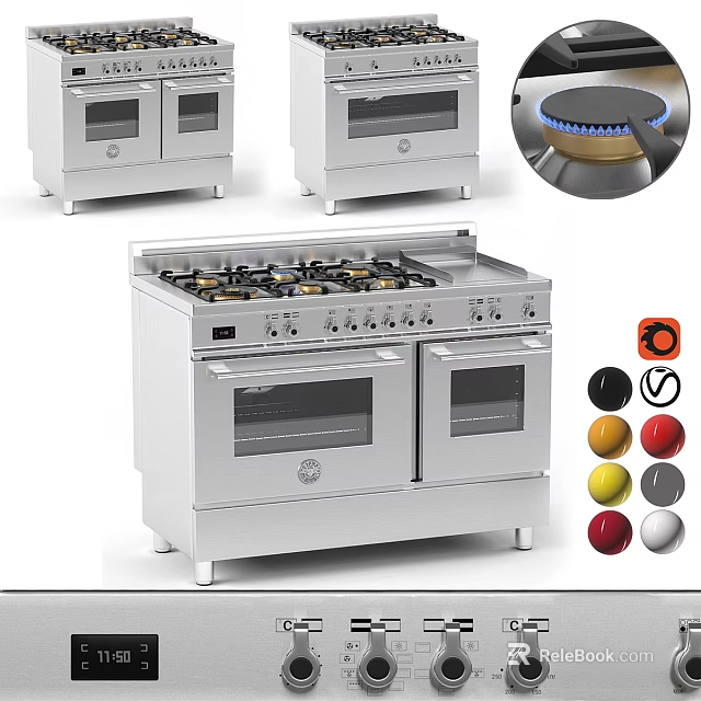 Stainless Steel Kitchen Gas Range With Double Ovens And Colorful Control Knobs 3d model