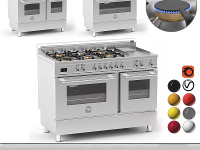 Stainless Steel Kitchen Gas Range With Double Ovens And Colorful Control Knobs 3d model