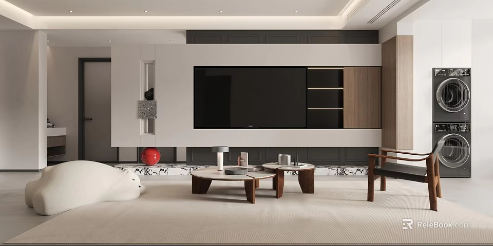 Modern Living Room Interior With TV Wall Wooden Shelves And Coffee Tables 3d model 