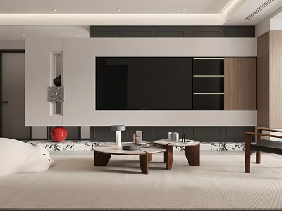 Modern Living Room Interior With TV Wall Wooden Shelves And Coffee Tables 3d model