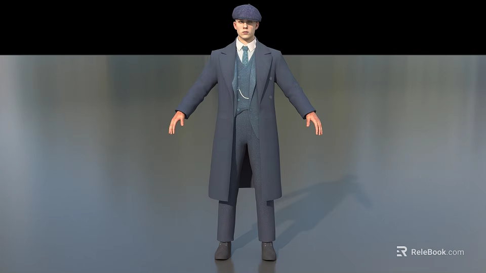 Man Wearing Long Gray Coat Waistcoat Tie and Cap Standing on Simple Background 3d model 