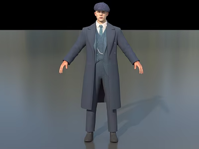 Man Wearing Long Gray Coat Waistcoat Tie and Cap Standing on Simple Background 3d model