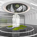 Modern Public Office Space With White Walls Curved Lines Green Plants Reception Desk And Sofas