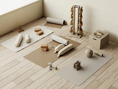 Yoga Fitness Equipment Including Mats Blocks Foam Rollers And Stability Ball In Minimalist Room Setup 3d model