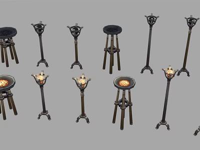 Various Designed Vintage Stools With Metal Wooden Structures And Round Seats 3d model