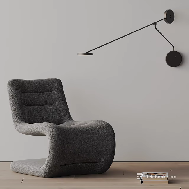 Modern Leisure Chair With Curved Design On Light Gray Wall And Black Wall Lamp 3d model 