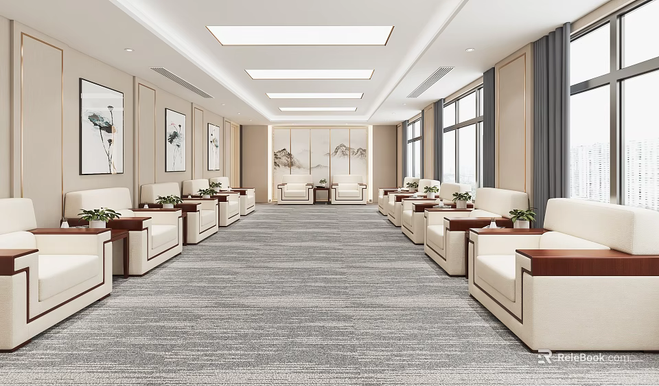 Spacious Hotel Public Lounge Featuring Arranged Sofas Wall Paintings Large Windows And Carpet 3d model