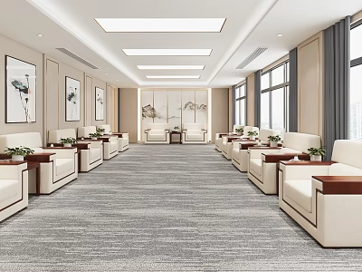 Spacious Hotel Public Lounge Featuring Arranged Sofas Wall Paintings Large Windows And Carpet 3d model