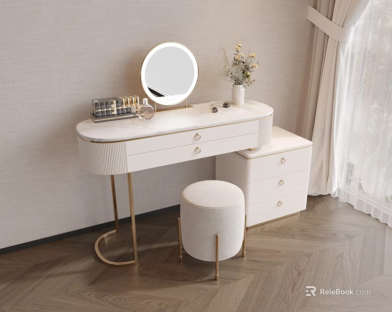 Modern White Dressing Table With Gold Legs Velvet Stool Round Mirror Cosmetics And Flower Vase 3d model 