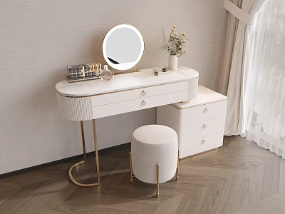 Modern White Dressing Table With Gold Legs Velvet Stool Round Mirror Cosmetics And Flower Vase 3d model