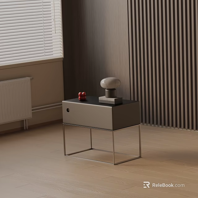 Modern Bedside Table With Metal Frame Matte Surface And White Lamp Red Decorative Objects 3d model