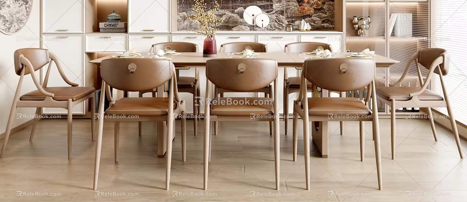 New Chinese Dining Table and Chair Combination Rectangular Dining Table Dining Chair Wine Cabinet 3d model