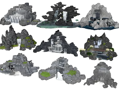 Artificial Rockery Stones With Waterfall Flowing Water And Green Plants Design 3d model