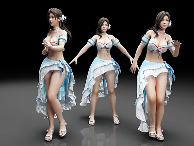 Three Female Characters In Blue And White Outfits With Different Poses And Floral Hair Accessories 3d model