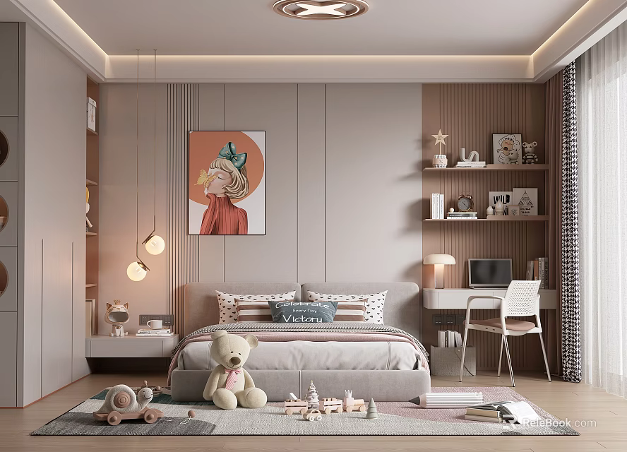 Cozy Modern Kids Room Interior With Stuffed Toys Study Desk Bookshelf And Decorative Painting 3d model 