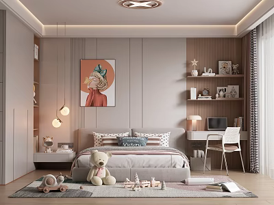 Cozy Modern Kids Room Interior With Stuffed Toys Study Desk Bookshelf And Decorative Painting 3d model