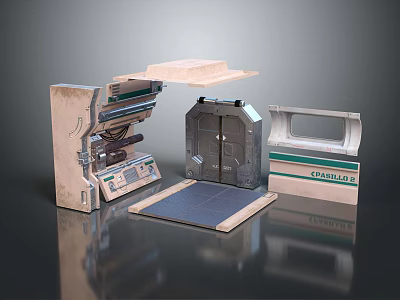 Industrial Sci Fi Scene Components With Layered Panel Double Door Console And Flat Base Plate 3d model