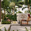 Tropical Garden Landscape Featuring Palm Trees Sun Design Wall Spa Pool and Green Plants
