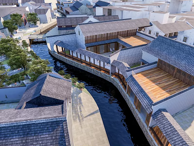 Traditional Style Boutique Guesthouse Buildings Along River With Gray Tiled Roofs And Wooden Structures 3d model
