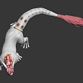 White Fantasy Creature With Pink Horns Tail Red Decorations Standing On Shiny Surface