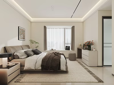 Modern Minimalist Bedroom Interior With Bed Curtains Rug Dresser Wall Art And Green Plant 3d model