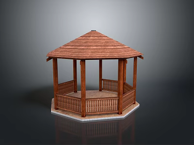 Wooden Hexagonal Gazebo With Brown Roof And Pillared Railing Outdoor Structure Design 3d model