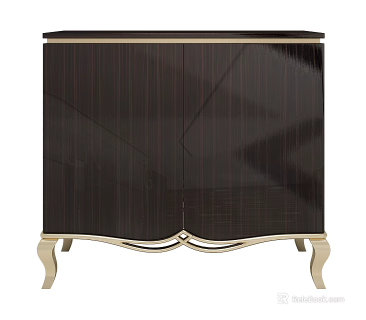 Elegant Modern Console Side Cabinet With Dark Wood Vertical Stripes And Golden Legs Smooth Surface 3d model 