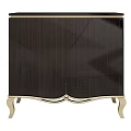 Elegant Modern Console Side Cabinet With Dark Wood Vertical Stripes And Golden Legs Smooth Surface