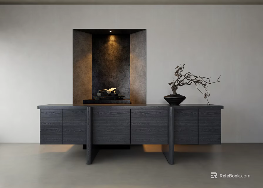 Modern Minimalist Entryway Cabinet And Sideboard With Dark Wood Finish And Decorative Vase 3d model 