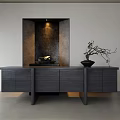 Modern Minimalist Entryway Cabinet And Sideboard With Dark Wood Finish And Decorative Vase