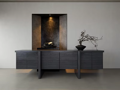 Modern Minimalist Entryway Cabinet And Sideboard With Dark Wood Finish And Decorative Vase 3d model