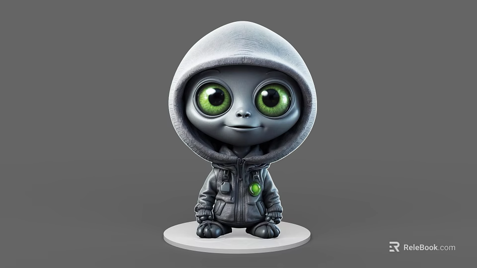 Cute Game Movie Character With Hooded Gray Jacket Large Green Eyes Green Emblem on White Base 3d model 
