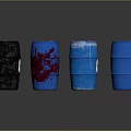 Four Black and Blue Barrels with Stained Surfaces and White Labels