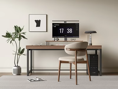 Stylish Wooden Desk With Upholstered Chair Computer Monitor Desk Lamp Potted Plant And Framed Artwork 3d model