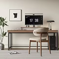 Stylish Wooden Desk With Upholstered Chair Computer Monitor Desk Lamp Potted Plant And Framed Artwork